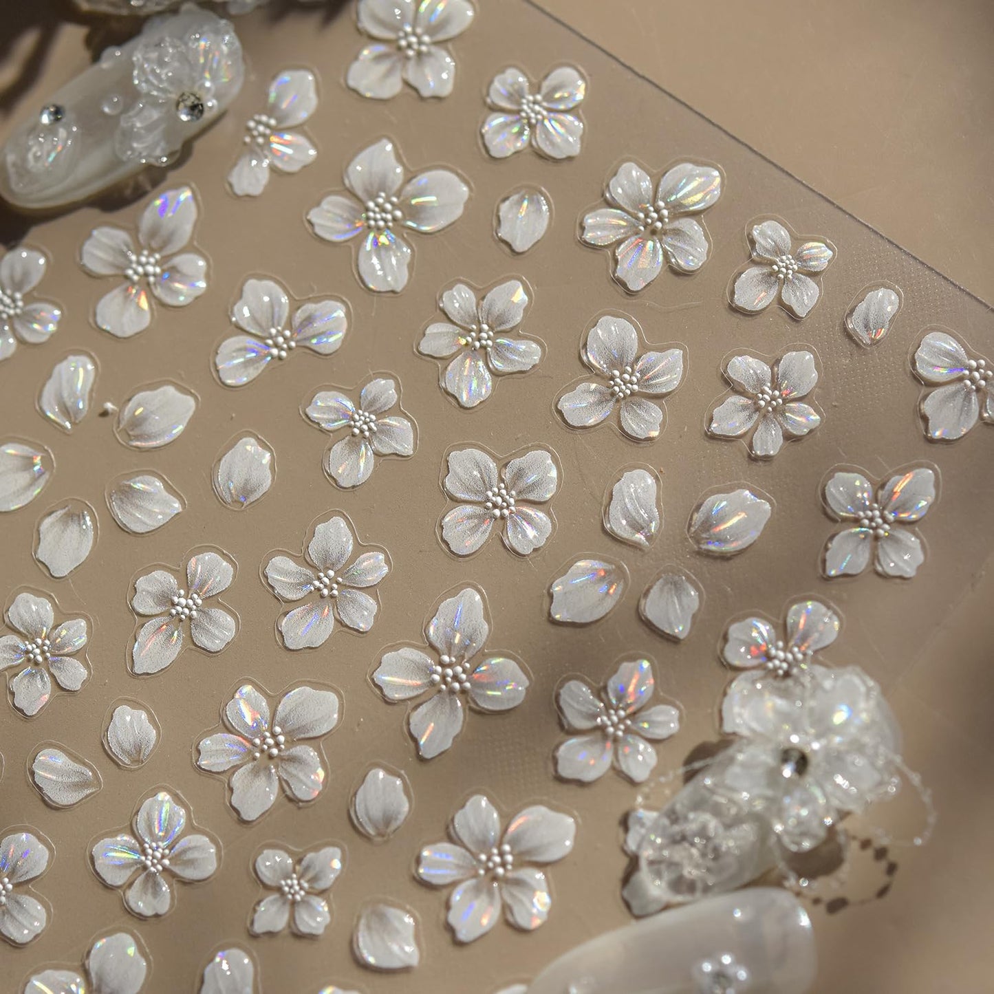 1 Sheets Embossed Flower Nail Stickers for Nail Art Holographic Laser Summer Floral Nail Art Stickers 5D Self-Adhesive Crystal Petals Nail Decoration White Flowers Nail Decals for Women Nails Designs