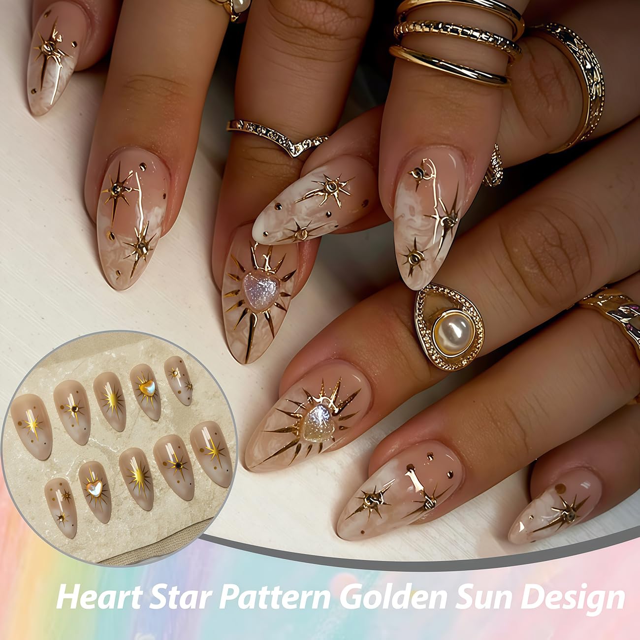 Almond Press on Nails, French Tip Fake Nails with Heart Star Pattern Golden Sun Design Artificial Full Cover False Nails Glue on Nail for Women Daily Acrylic Nail Decoration Accessories 24 Pcs