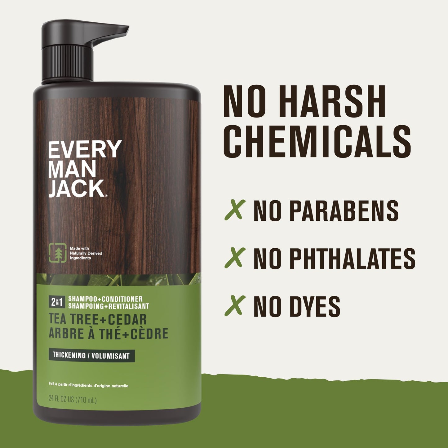 Every Man Jack 2-in-1 Tea Tree + Cedar Shampoo + Conditioner - Thicken, Cleanse, and Hydrate Hair with Coconut, Aloe, Tea Tree Oil - Naturally Derived and No Harmful Chemicals - 24oz -1 Bottle