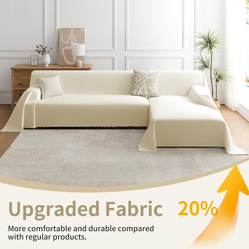 Beige XX-Large 2-Piece L-Shape Chenille Couch Cover Set for Sectional
