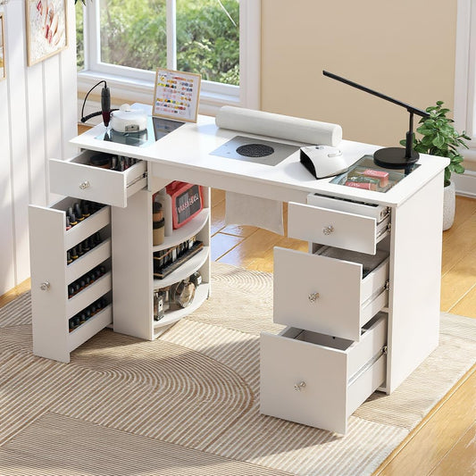 Manicure Table for Nail Tech with Glass Top, Visible Drawers & Trash Bag Holder, Acetone-Resistant Manicure Nail Desk, Beauty Salon Workstation with Wrist Rest & Electric Dust Collector (White)