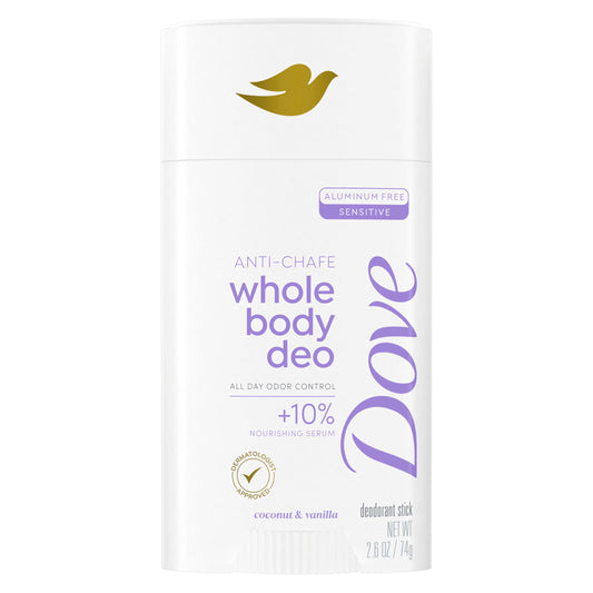 Dove Whole Body Deo Aluminum Free Anti-Chafe Deodorant Stick Coconut & Vanilla for 72h Odor Control 2.6 Oz