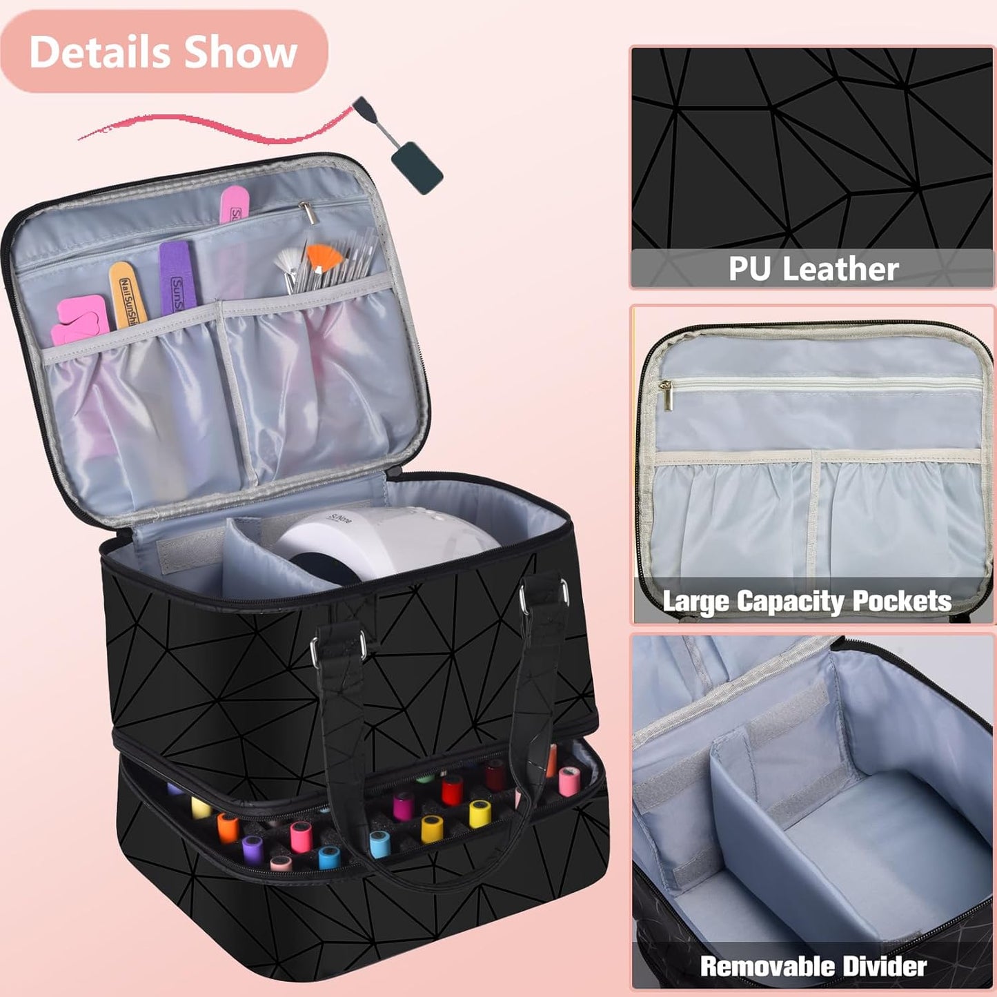 Nail Polish Organizer Bag with Travel Case for 30+ Bottles & Nail Lamp - Purple