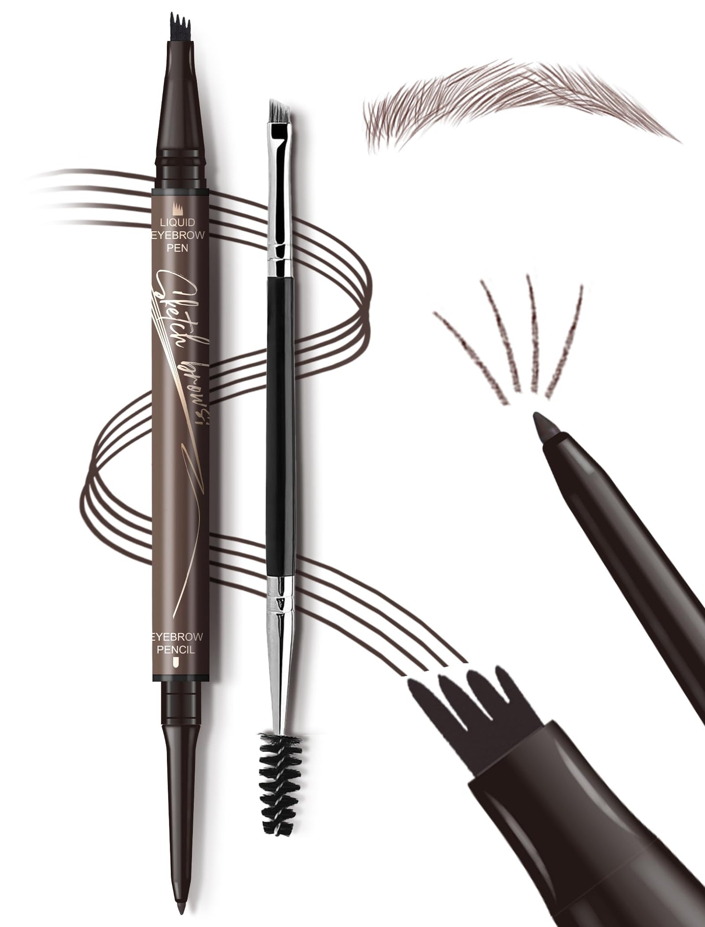 Eyebrow Pencil - Eyebrow Pen 2-IN-1 Eye Brow Pencils for Women, Microblading Brow Pen with 4-Fork-Tip & Precision Tip, 1 Eyebrow Brush, Create Natural Hair-Like Brows, Last All-Day, Brown