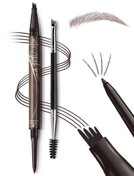 Eyebrow Pencil - Eyebrow Pen 2-IN-1 Eye Brow Pencils for Women, Microblading Brow Pen with 4-Fork-Tip & Precision Tip, 1 Eyebrow Brush, Create Natural Hair-Like Brows, Last All-Day, Brown