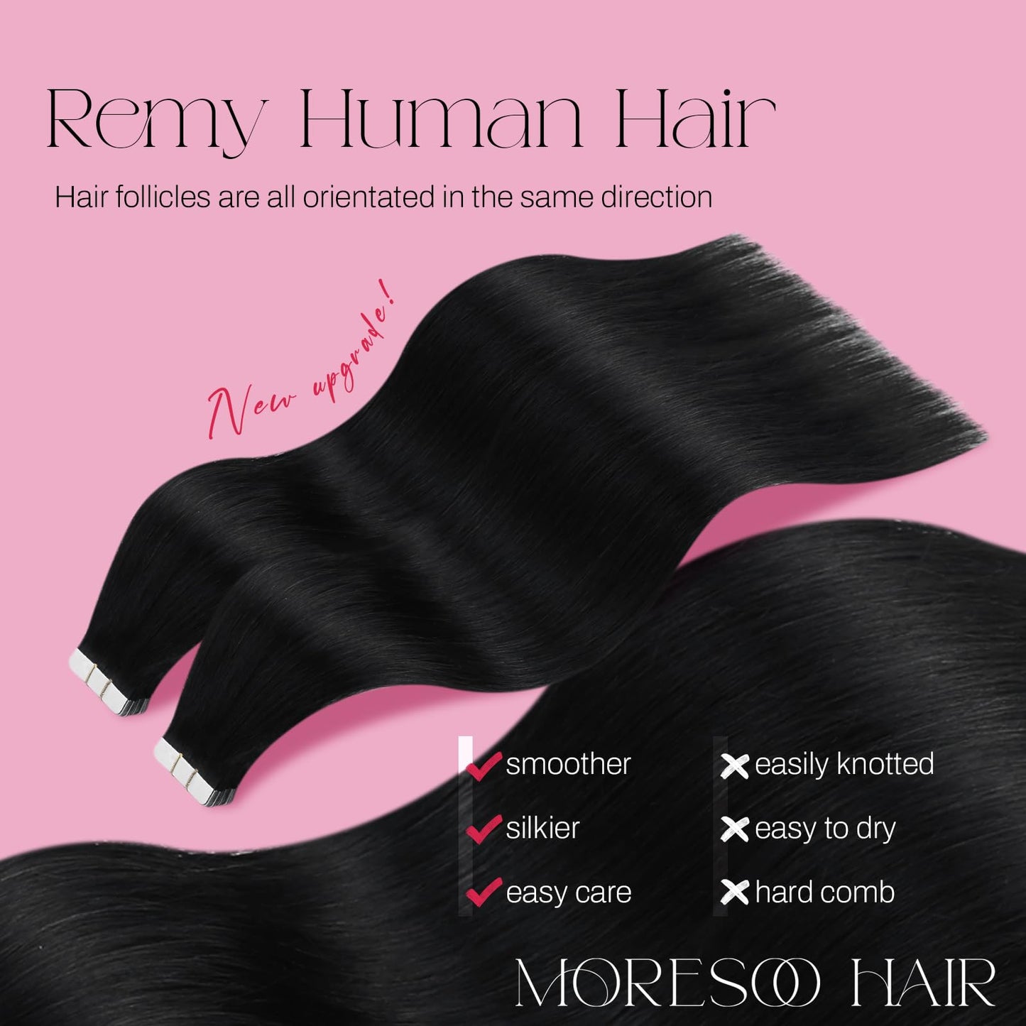 Moresoo Black Tape in Hair Extensions Human Hair Invisible PU Tape in Extensions Straight Glue in Extensions Remy Human Hair Extensions Glue in Straight Hair 18 Inch #1 20pcs 50g