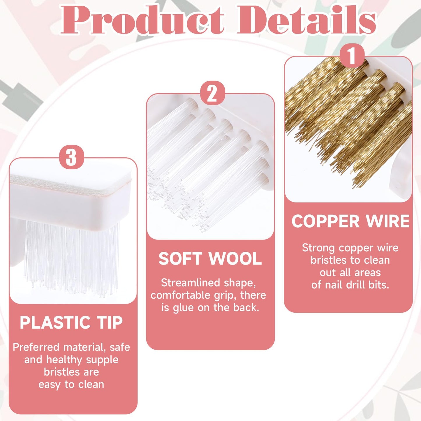 8pcs Nail Drill Bit Wire Cleaner Brush Art Nail Bit Cleaning Brush Drill Bit for Nail Salon, Acrylic Nail Brushes Tool Nail Tech Essentials Equipment Gel Nail Accessories