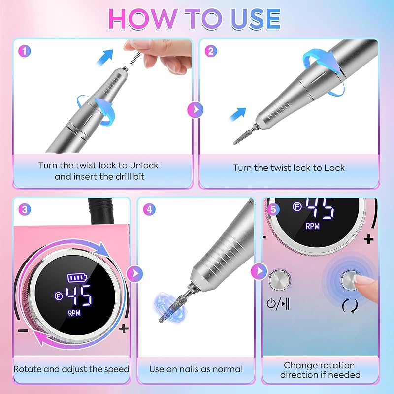 PRYZUNA Electric Nail Drill 45000RPM – Cordless Portable E-File with Gradient Variation