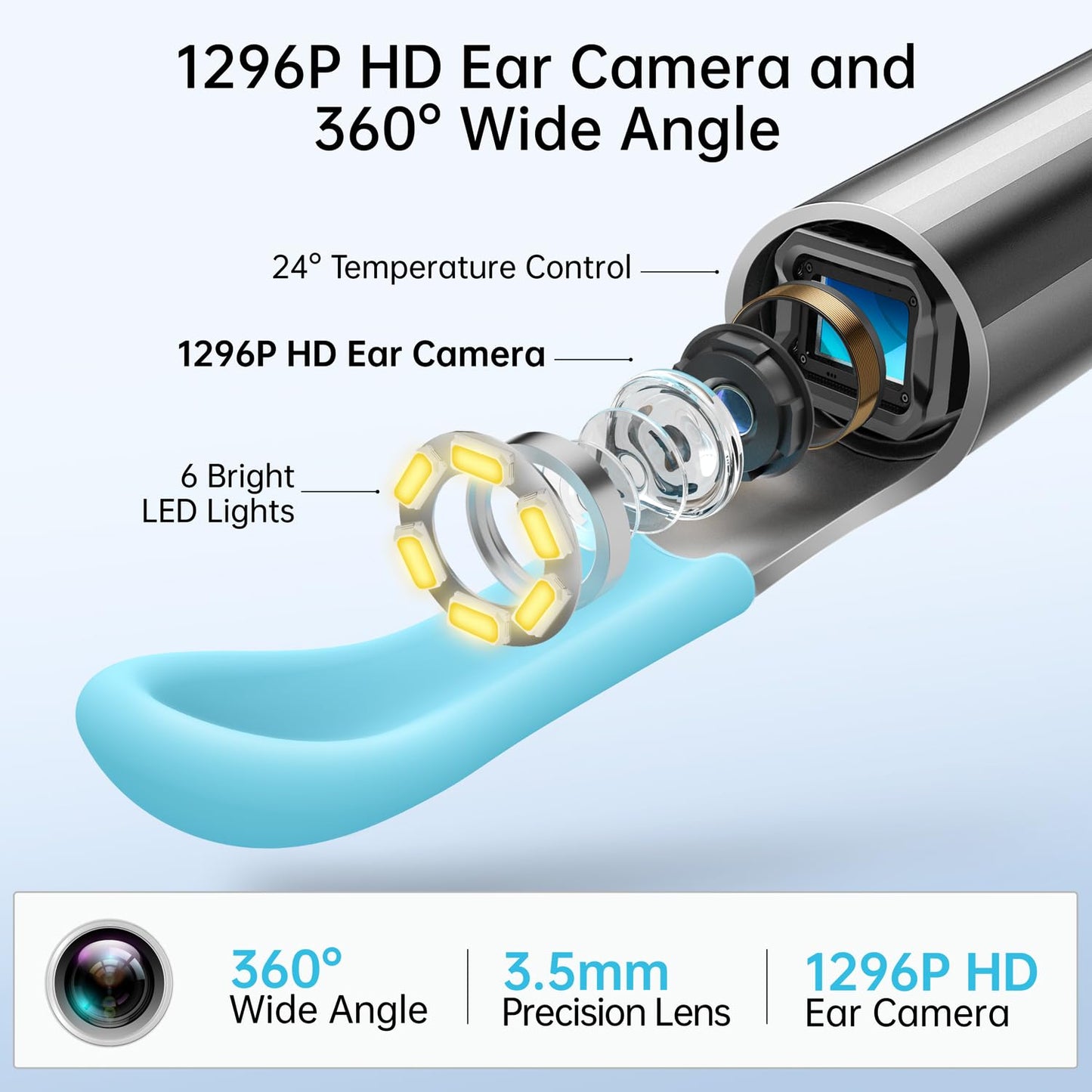 Ear Wax Removal Tool, Ear Cleaner with Camera, 1296P HD Camera and 6 LED Lights, Ear Cleaning kit with 10 Ear Pick Tips, Ear Wax Removal Kit for iOS and Android(Pale Blue)