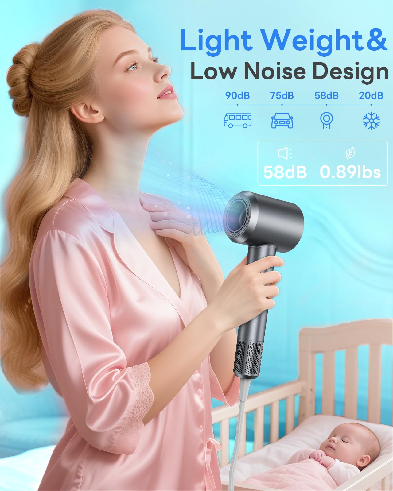 Hair Dryer, 110,000 RPM Professional High-Speed Blow Dryer with Plasma Ion, Thermo-Control, 4 Heat & 2 Speed, Lightweight & Low Noise, Magnetic Nozzle for Fast Drying at Home, Travel & Salon