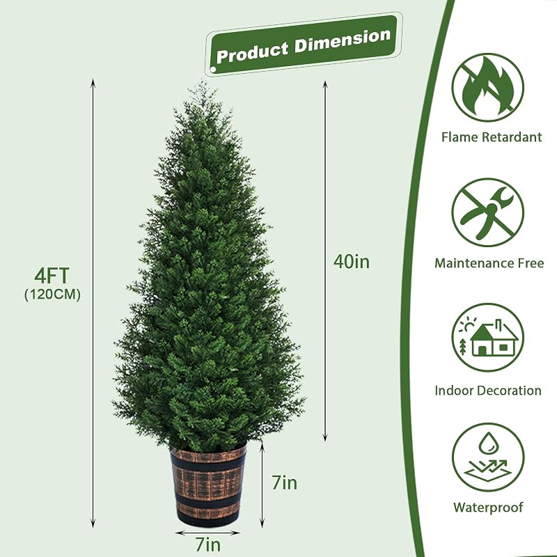 4FT Set of Artificial Cedar Topiary Trees in Barrel Planter – Outdoor/Indoor Faux Pine Shrubs