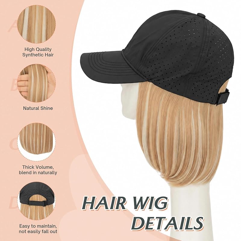 Light Blond Mix 8" Quick Dry Hat Wig - Breathable Baseball Cap with Black Cap