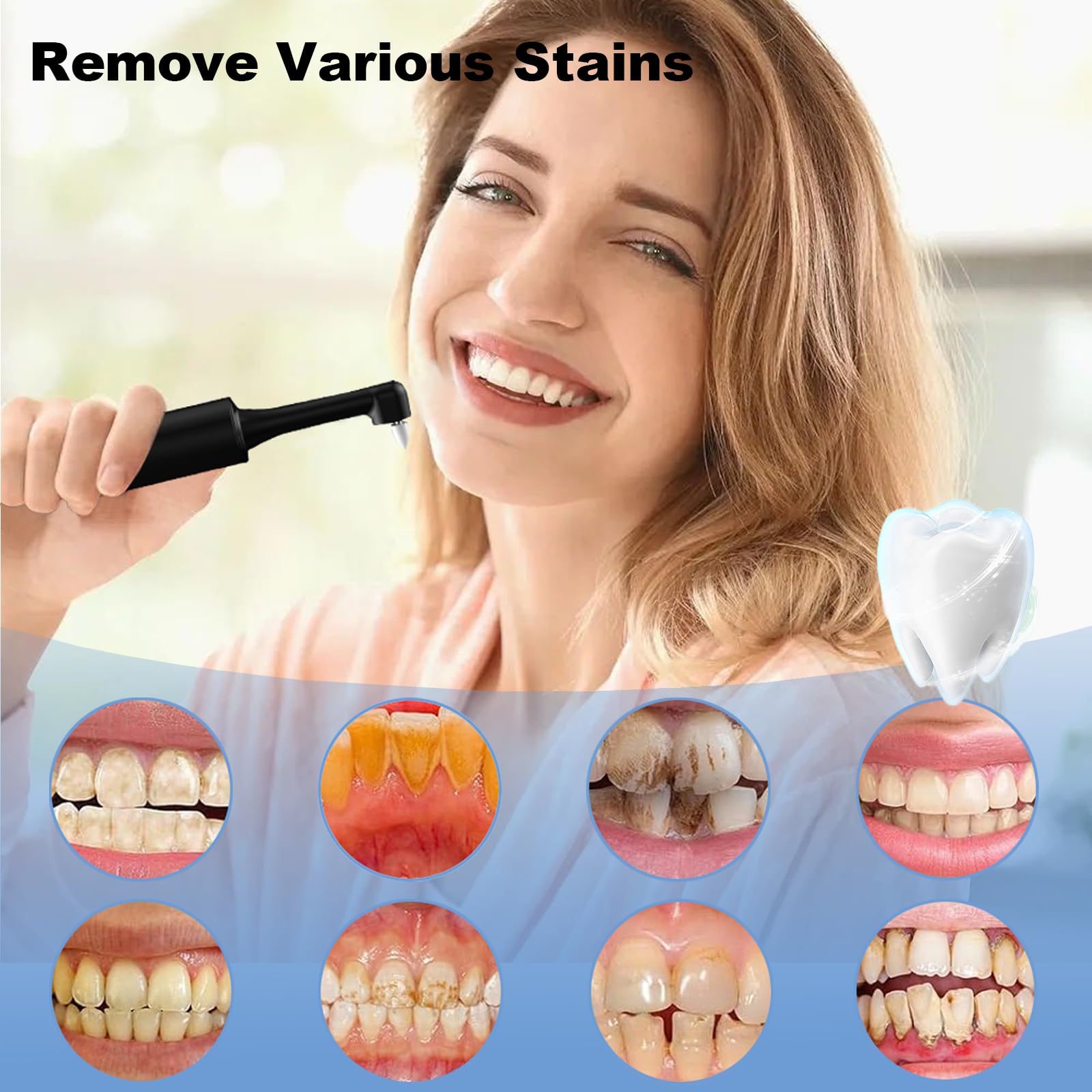 Tooth Polisher and Plaque Remover, Electronic Tooth Polishing Kit for Daily Cleaning Whitening, Rechargeable Dental Teeth Polisher with LED Light, 6 Polish Pastes, 5 Brush Heads, 4 Speed Modes