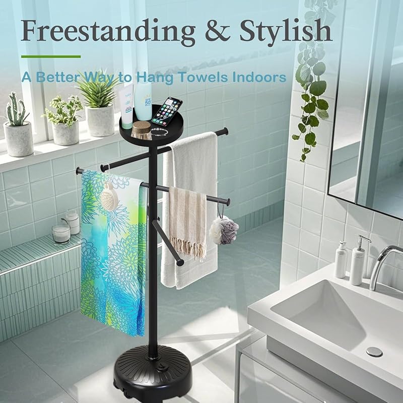 63 Inch Outdoor Pool Towel Rack with Built-In Tray and Wheels