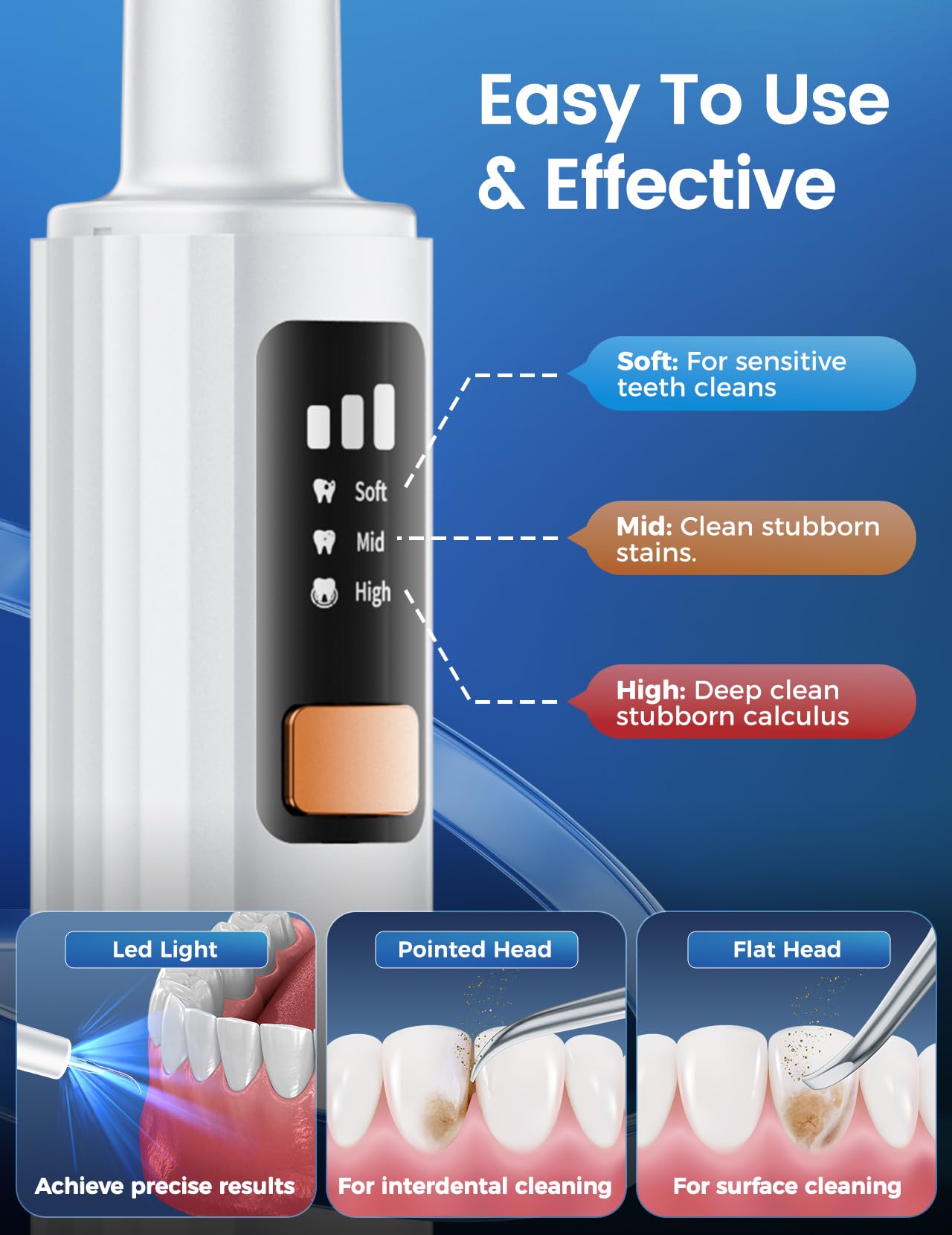 Plaque Remover for Teeth, Tartar Remover for Teeth with 3 Modes & Tongue Cleaner – Rechargeable Teeth Cleaning Kit with LED Light, Portable, Includes 2 Replacement Heads