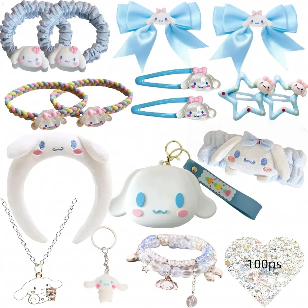 WINBBY 117Pcs Kawaii Cute Stuff Gifts Set Include Headband,Pouch, Hair Band, Hair Ties & Clips,Hairpin, Stickers,Necklace,Bracelet, Keychain(Blue)