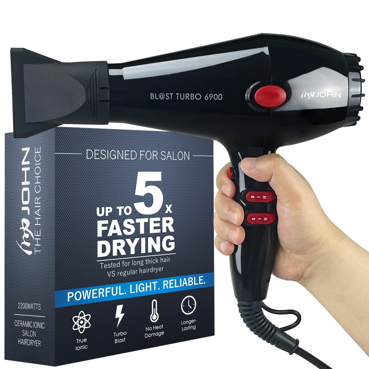 JOHN Super Fast Drying Hair Dryer, Ionic 2200W Professional Salon Blow Dryer, 2 Concentrator Nozzles, Blast Turbo 6900, Black