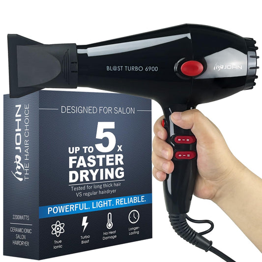 JOHN Super Fast Drying Hair Dryer, Ionic 2200W Professional Salon Blow Dryer, 2 Concentrator Nozzles, Blast Turbo 6900, Black