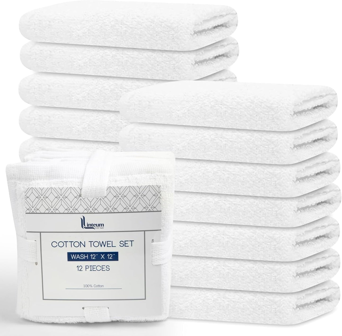 Linteum Textile Supply Premium Washcloths Set 100% Ring Spun Cotton Zero Twist Wash Cloths 12x12 Inches Absorbent Hand Towels Quick Dry Face Towels for Bathroom, Spa, Gym [Pack of 12] White