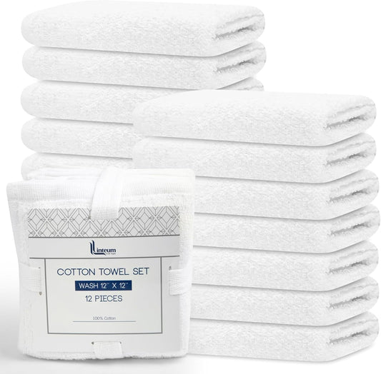 Linteum Textile Supply Premium Washcloths Set 100% Ring Spun Cotton Zero Twist Wash Cloths 12x12 Inches Absorbent Hand Towels Quick Dry Face Towels for Bathroom, Spa, Gym [Pack of 12] White