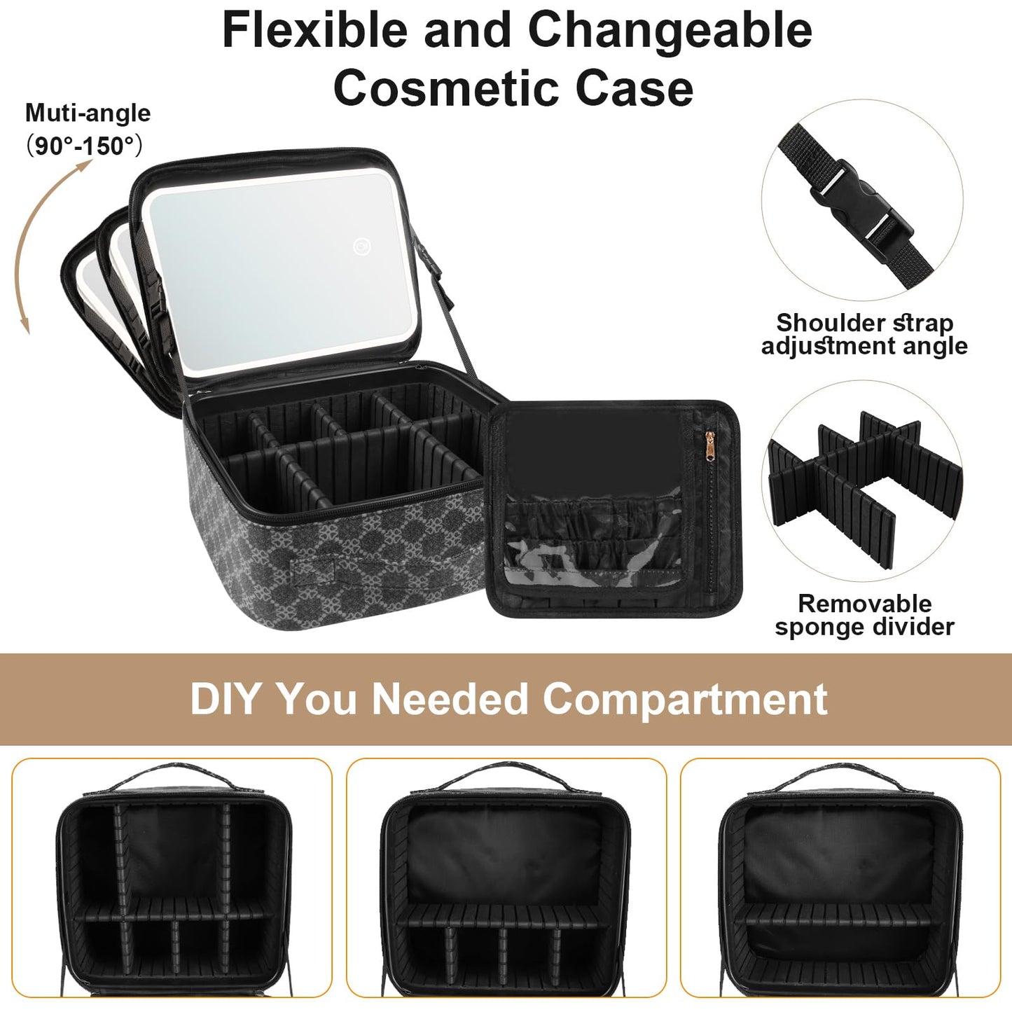 PEEH Makeup Bag with Lighted Mirror, Travel Make up Train Case with Adjustable Brightness Vanity Mirror and Detachable 10x Magnifying Mirror (Grey Clover)