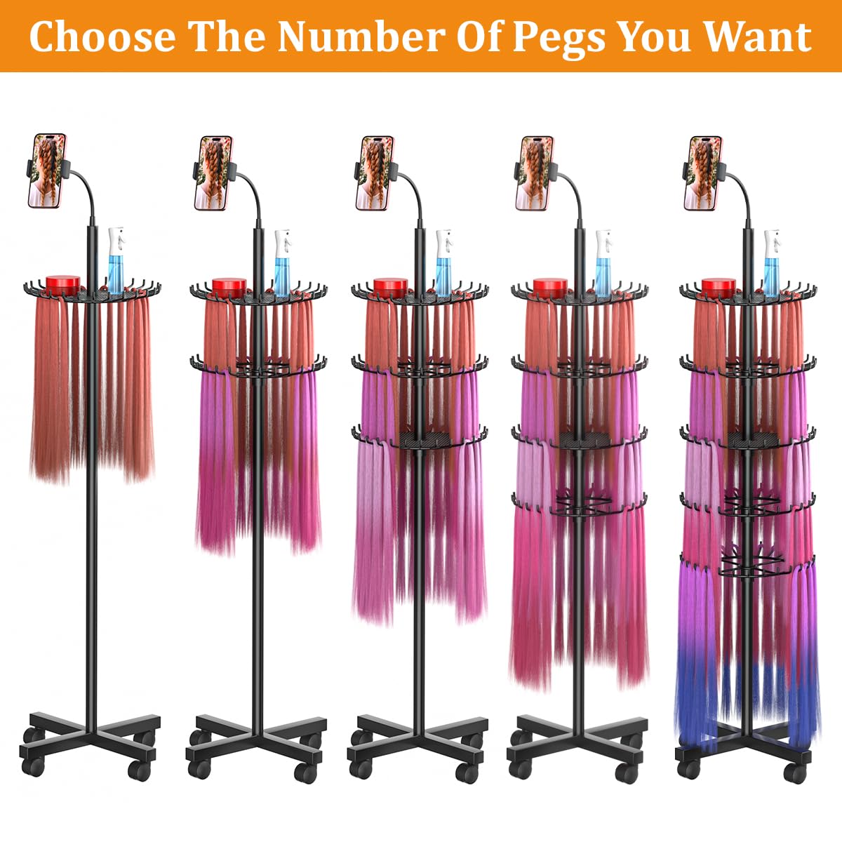 TERIBEYI Braiding Hair Rack Standing Hair Extension Holder Hanger with 140 Pegs - Braiding Hair Rack & Divider Stand for Displaying and Separating Hair