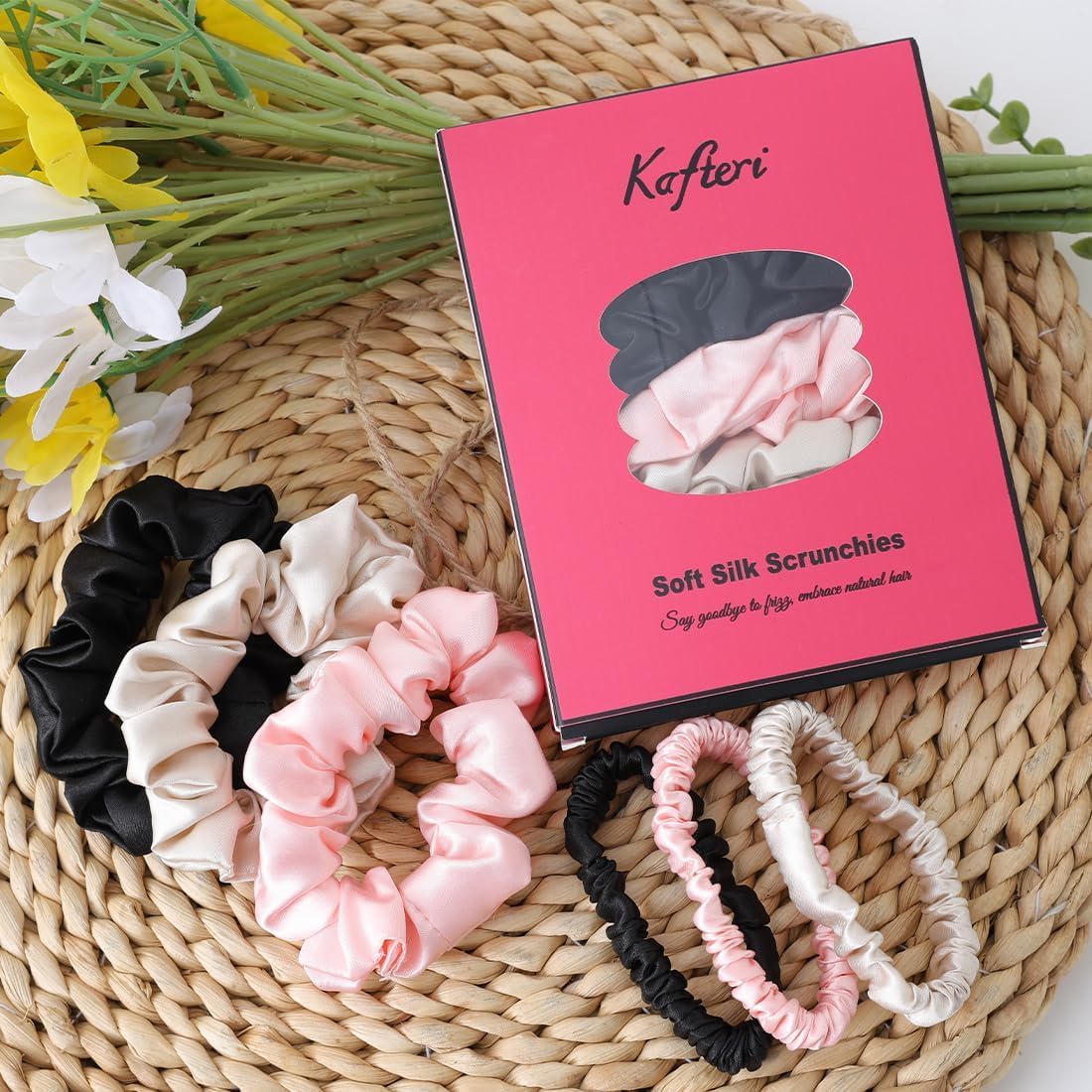 6Pcs Satin Silk Scrunchies for Women, Silk Hair Ties with Excellent Stretch, Large and Skinny Hair Ties No Damage, Satin Scrunchies for All Hairstyles (Champagne, Pink, Black)