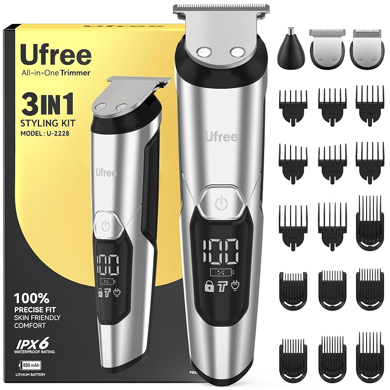 Ufree 3-in-1 Beard Trimmer for Men - Silver, IPX6 Waterproof, 8,000 RPM