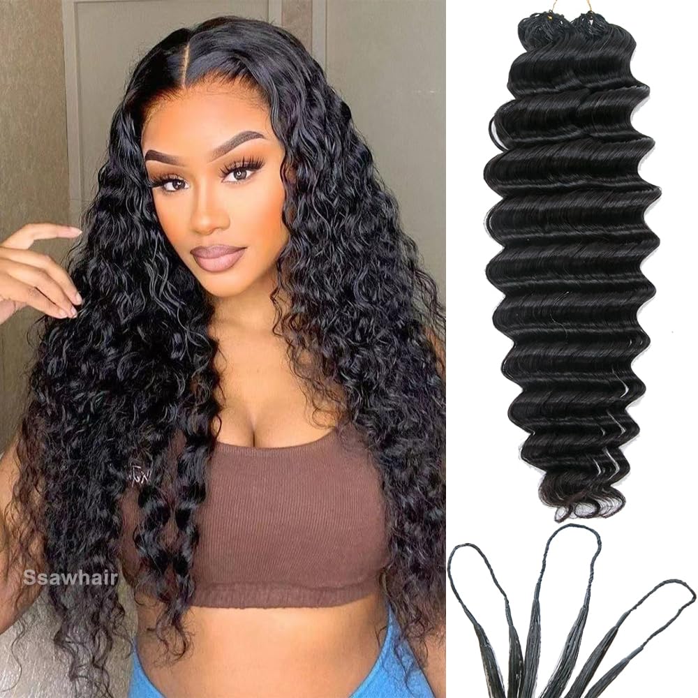 Ssawhair Deep Wave Crochet Human Hair Knotless Pre-Separated Deep Curly Human Hair With String Pre-Looped Reusable Feather Crochet Hair Extensions 20Inch 60g 50Strands