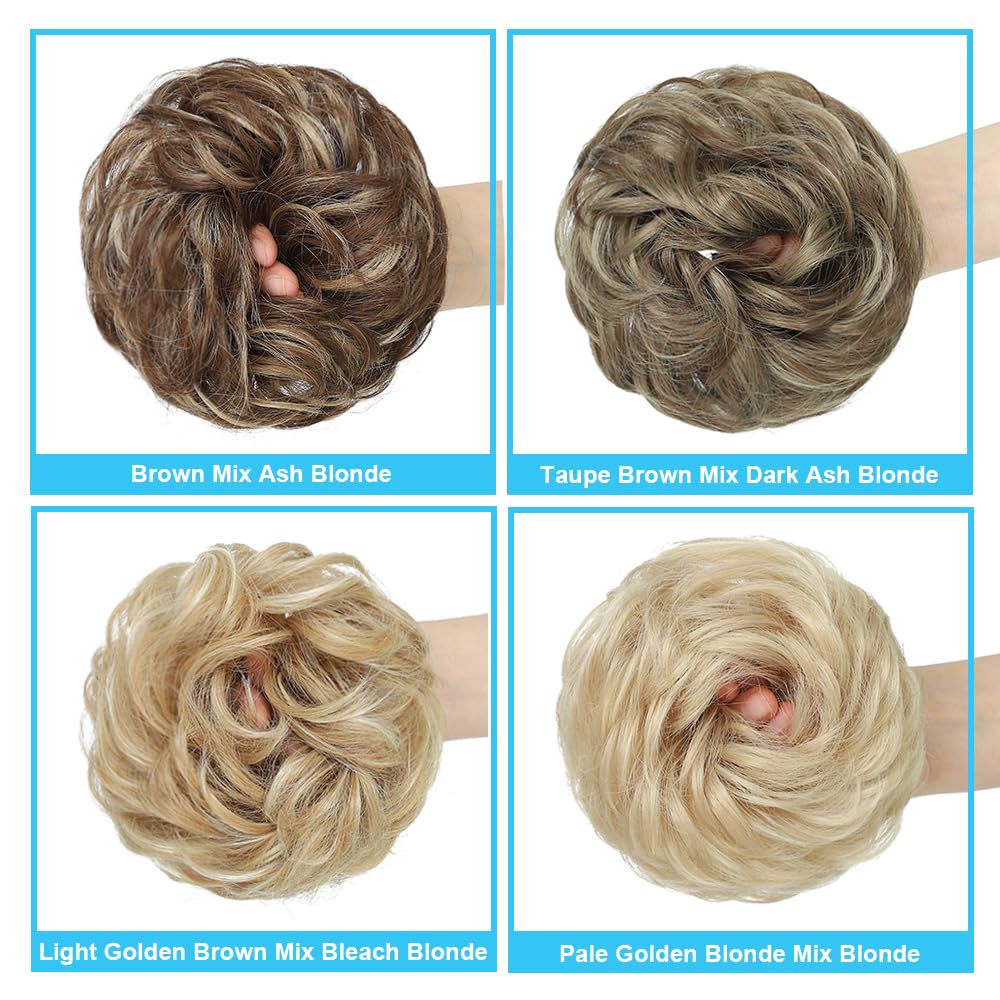 YOLANFAIRY 2PCS Messy Bun Hair Piece Wavy Curly Tousled Updo Hair Buns Synthetic Chignon Elastic Hair Band Fake Bun Hair Pieces for Women (Lighe Golden Brown Mix Bleach Blonde, 2PCS Same)