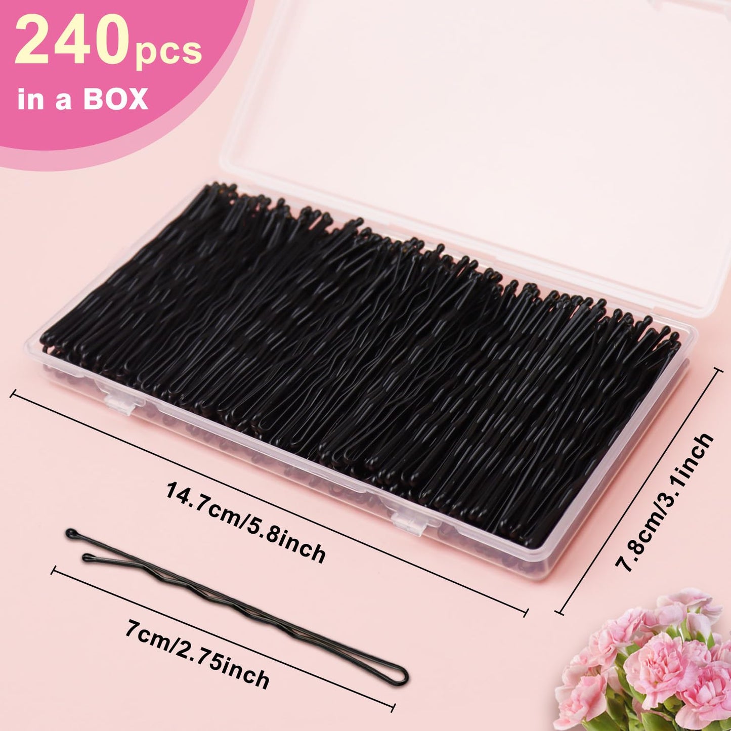 240PCS Large Bobby Pins Black Jumbo Bobby pins Black Long Hair Pins Clips for Women Girls with Box for Women Girls, 2.75 Inch/7cm