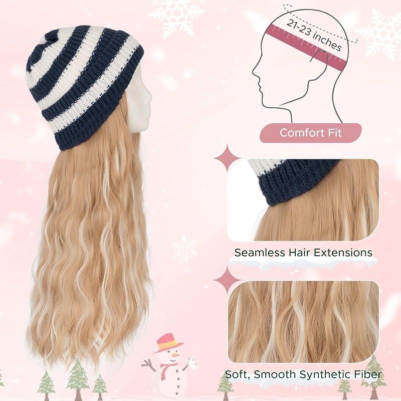 Beanie Wig with Hair 18in Synthetic Extensions in Blue/White Stripes - Ash Blonde Mix (#18P613) Variation 3