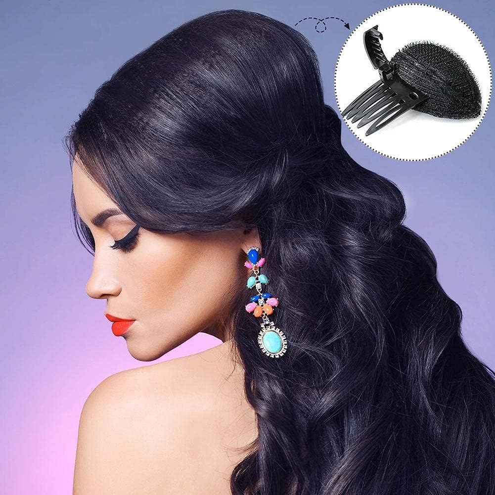 Black Puff Hair Head Cushion Hair Volume Clips Fluffy Hair Pad Sponge Clip Bun Comb Bump It Up Volume Hair Base Set for Women and Girls DIY Hairstyling Tools, Bun and Crown Shapers