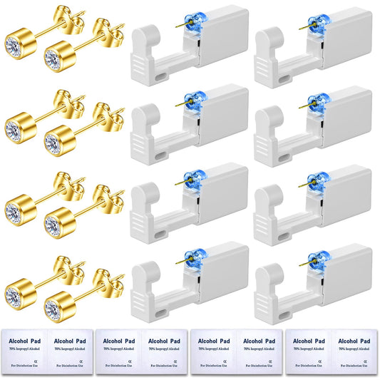 Get the Perfect Ear Piercing with 24Pcs Premium Ear Piercing Kit - Includes 8 CZ Diamond Earrings and 8 Easy-to-Use Self Ear Piercing Gun - Safe and Painless