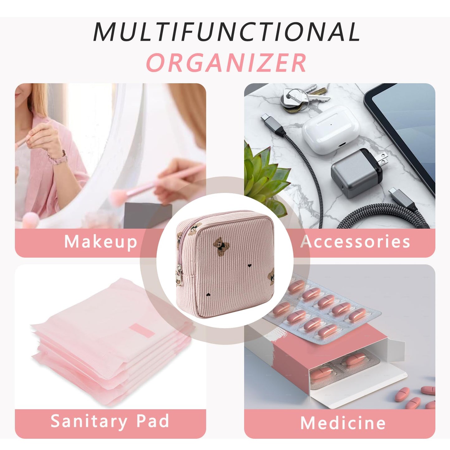 RSRSLEII Cute Mini Corduroy Zipper Makeup Bag for Purse, Coquette Aesthetic Pouch with Bear Pattern for Women Girls,Key Pocket Lipstick Bag Card Holder Data Cable Organizer(01Pink Bear)