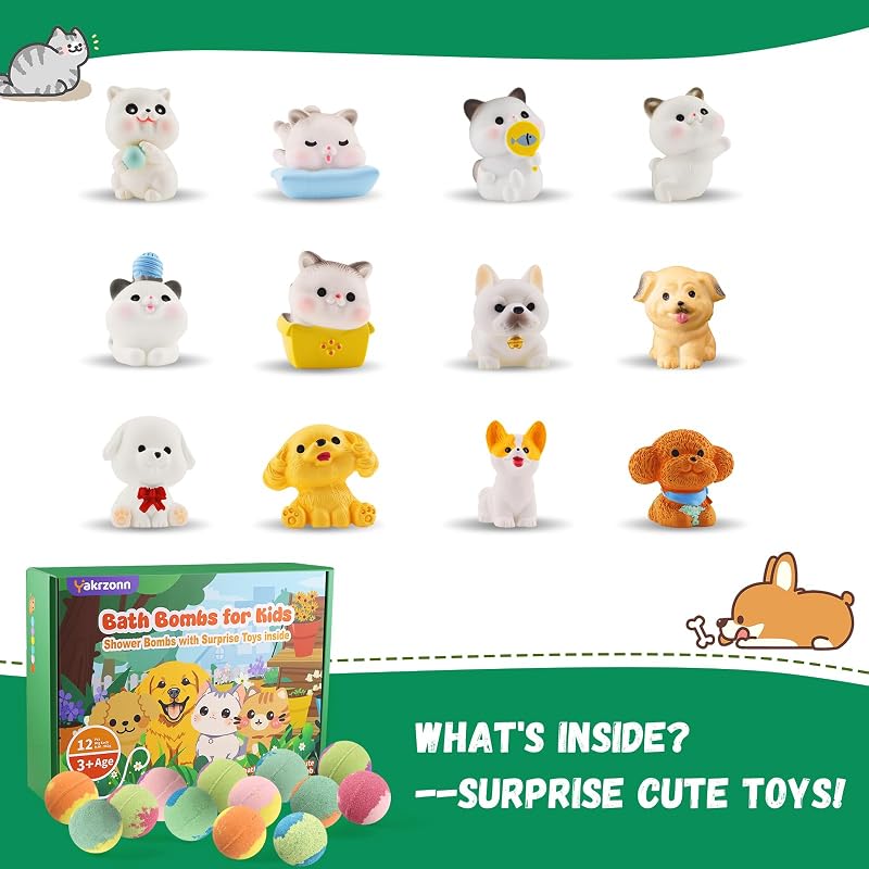 Bath Bombs for Kids with Toys Inside - 12 Pack Cat & Dog Gift Set