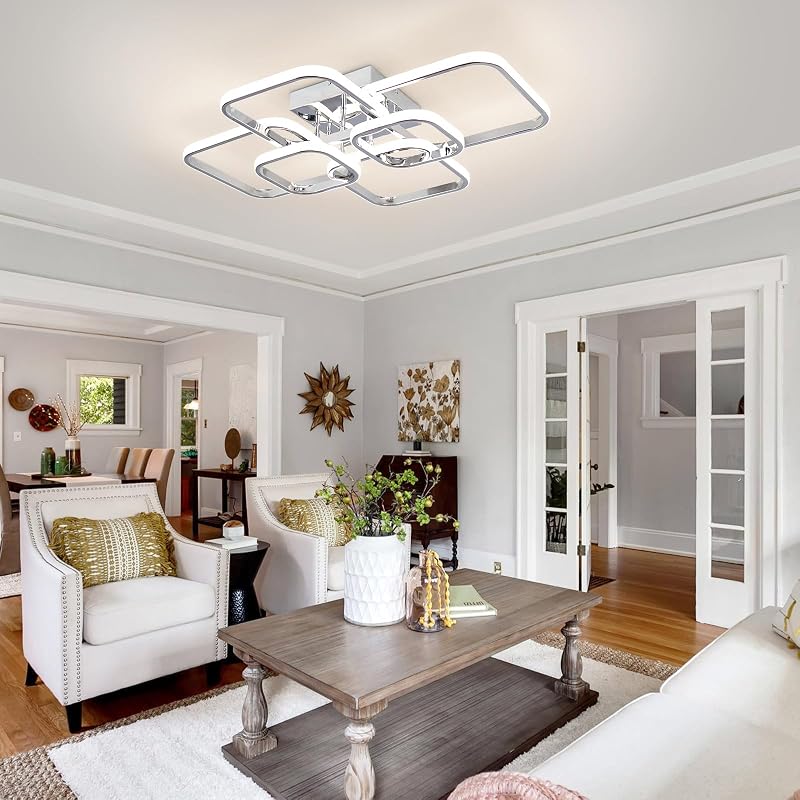 Sovinzert 31.5-Inch Modern LED Ceiling Light, 6-Square Dimmable with Remote, 3000K-6000K, Chrome Close-To-Ceiling Flush Mount, 60W - Chrome+6Rings