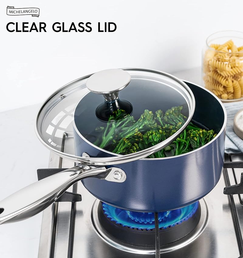 Ceramic Nonstick Sauce Pan Set 1 Qt + 2 Qt + 3 Qt with Lids - Blue