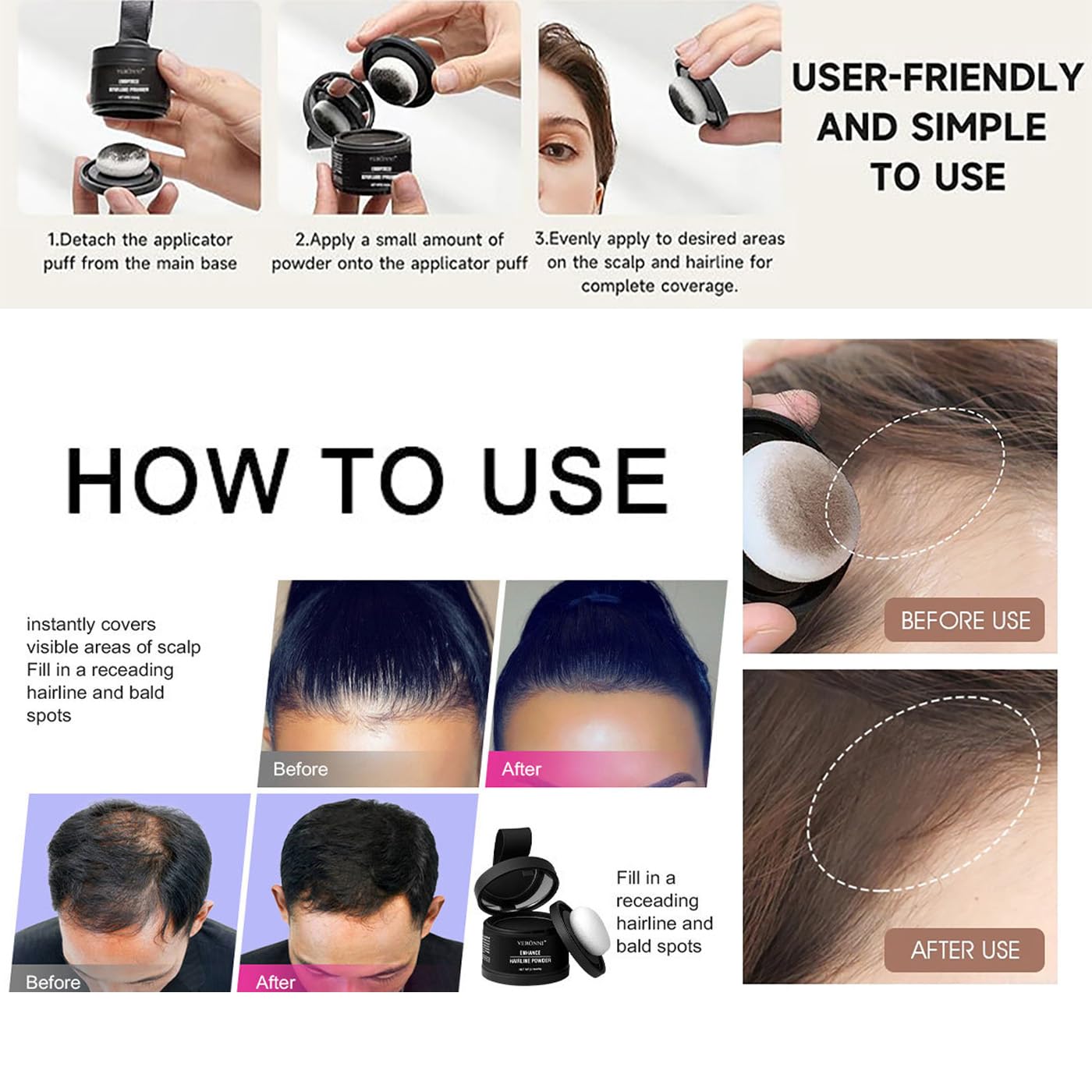 Instant Hair Powder, Hair Powder for Women and Men, Fills in Hairline, Easy to Apply and Color(Hazel Brown)