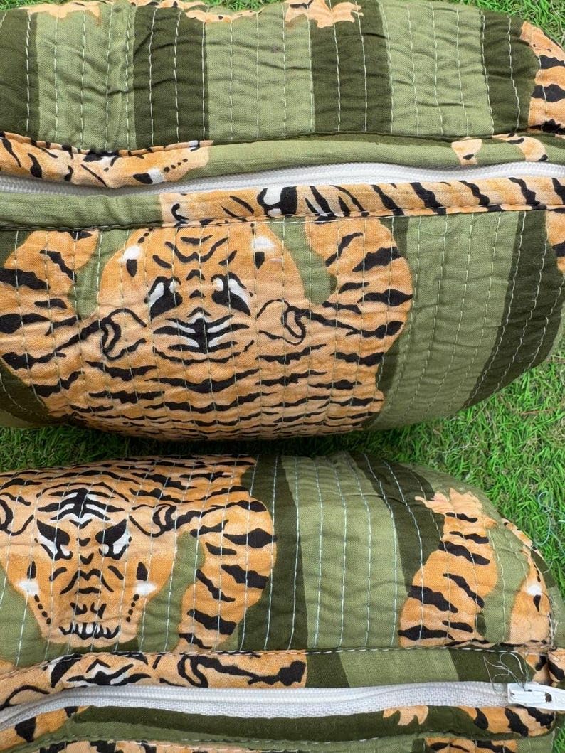 YILLE Quilted Toiletry Bags Set of 3 - Dark Green Fat Tiger, Travel Organizer Pouches