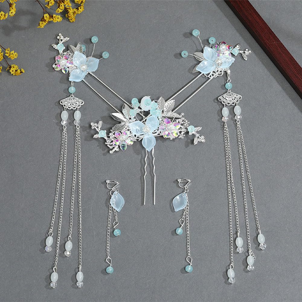 5PCS Flower Pearl Tassels Hairpin, Rhinestone Hair Clips Headpiece Vintage Chinese Hanfu Wedding Brides Hair Accessories for Women Girls Updo Long Hair