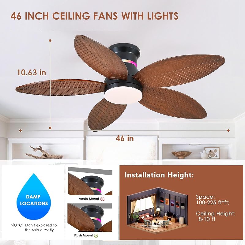 Brown Palm Leaf 46in Ceiling Fan with Lights, RGB Side Light, 6-Speed DC Motor, Remote & 3CCT Dimmable LED, Quiet Flush Mount - Variation: Brown-Palm Leaf+46in