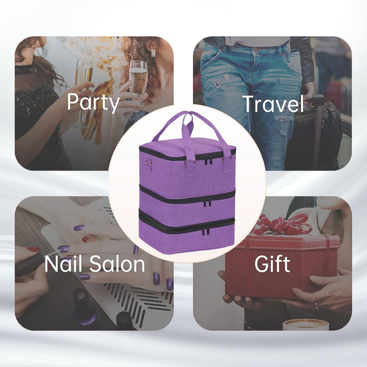 Nail Polish Organizer Bag with Travel Case for 30+ Bottles & Nail Lamp - Purple