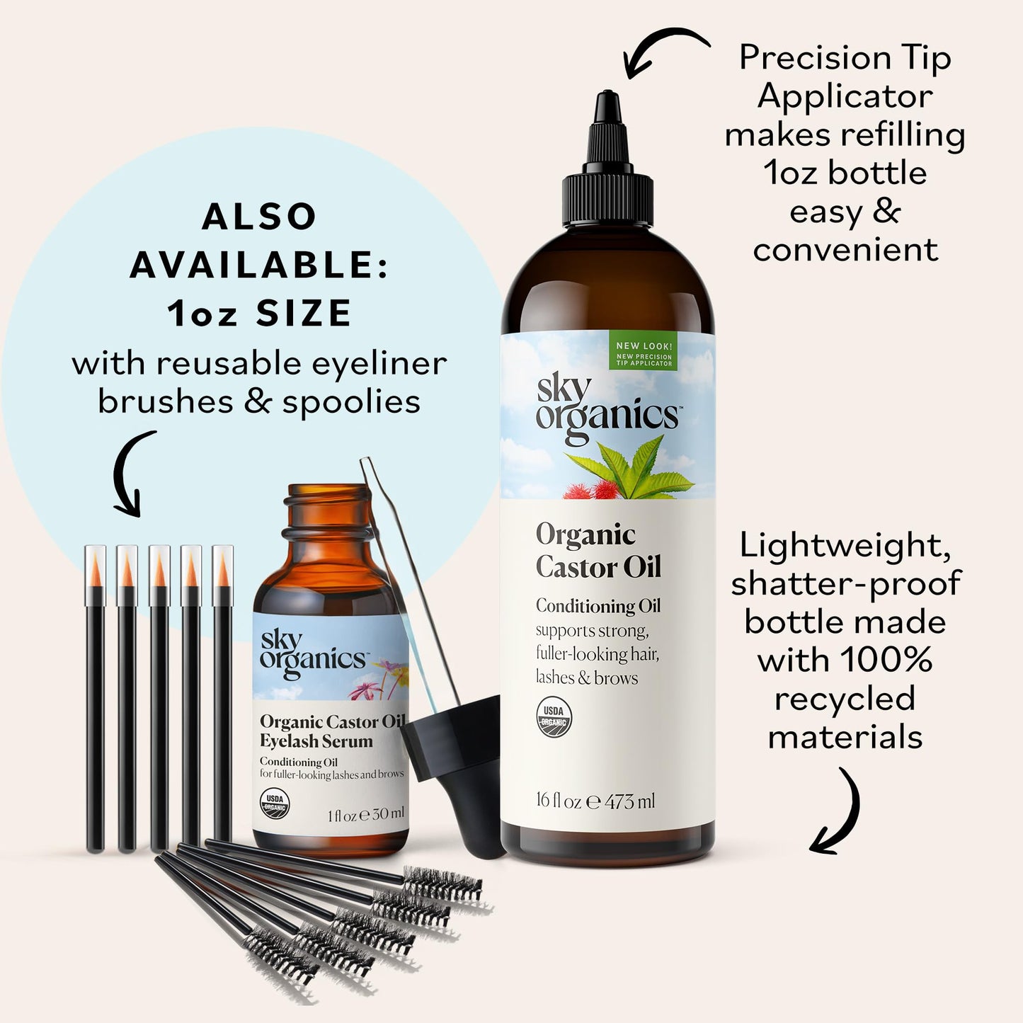 Sky Organics - Castor Oil Organic - Volumizing Hair Oil - Scalp, Lashes, Brows - Pure Castor Oil Cold Pressed - Natural Conditioner - Omega Fatty Acids, Vegan - Beauty, Hair Care, & Self Care - 16oz