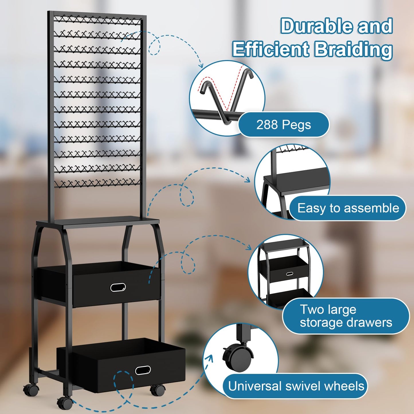 Portable Braiding Hair Rack with Wheels & Storage Drawers,2-Sided 288 Pegs,Hair Extension Holder Hanger for Braiding Hair Separator Stand Display,Hair Rack with Stylist Hair braiding Tools(Black)