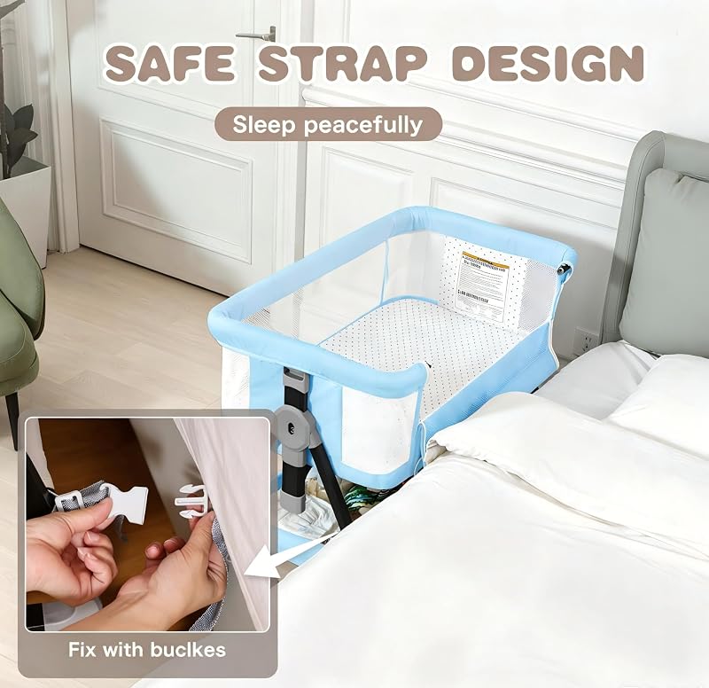 Feelogos Baby Bassinet Bedside Sleeper with Mattress, 6-Height Adjustable Co-Sleeper with Mesh, Storage - Blue