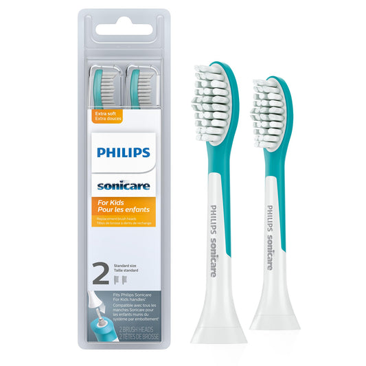 Philips Sonicare for Kids 7+ Genuine Replacement Toothbrush Heads, 2 Brush Heads, Turquoise and White, Standard, HX6042/94
