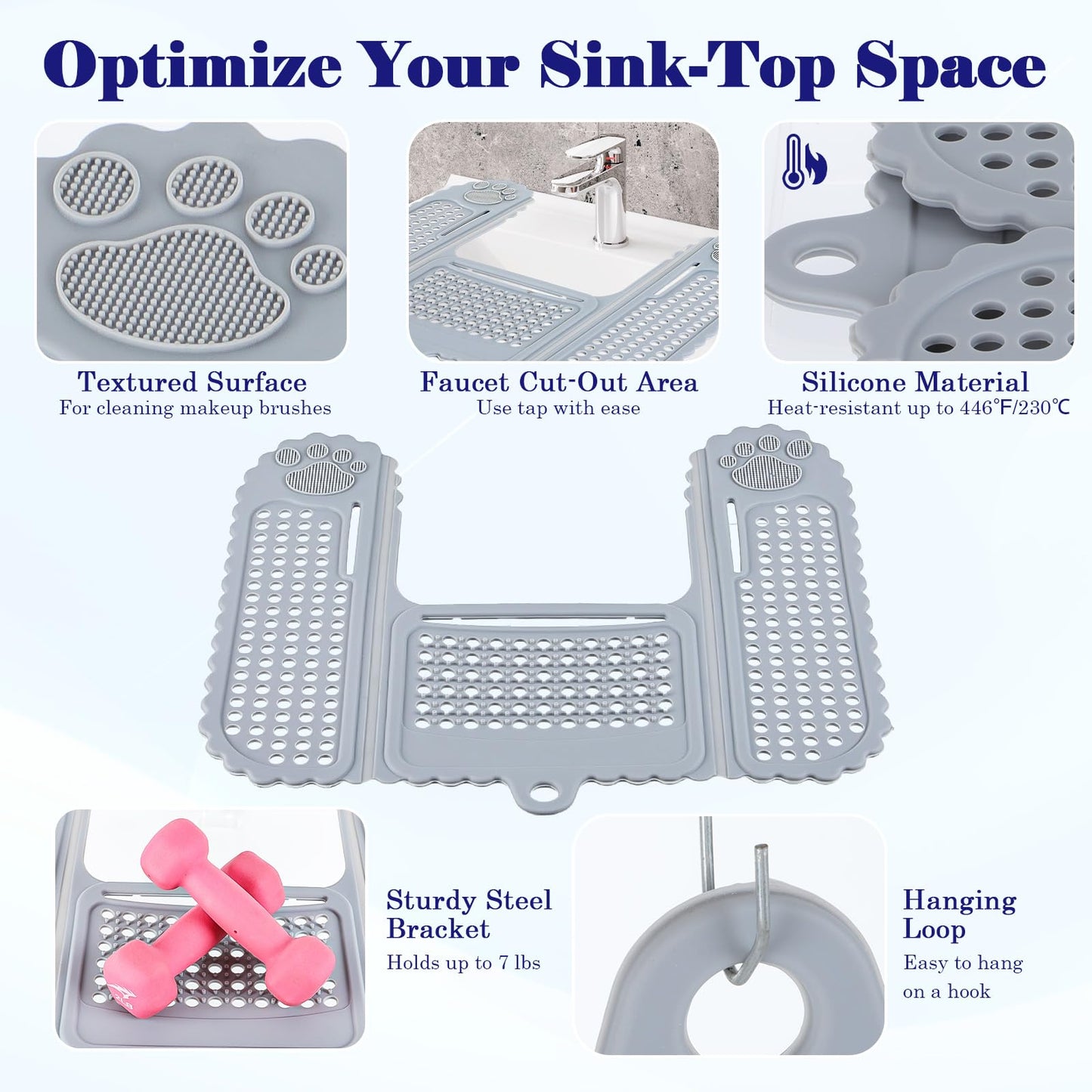 WIOR Sink Top Cover for Counter Space Makeup, Foldable Silicone Sink Covers Heat-Resistant Beauty Makeup Brush Cleaning Mat Hot Tools Organizer Space Saver Bathroom Must Haves for RV Camper Travel