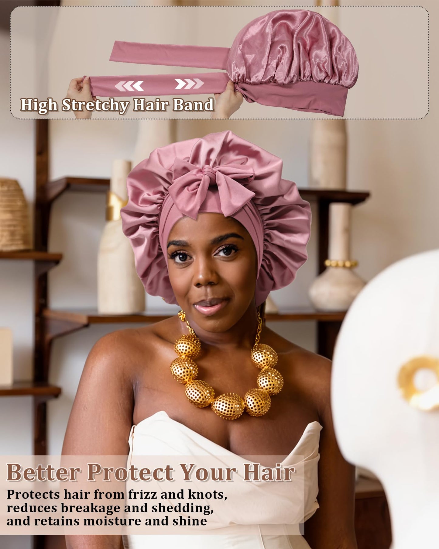 Reversible Satin Bonnet for Sleeping Women - Double Layer Hair Wrap with 2PCS Scrunchies & Elastic Tie Band - Night Cap for Natural Curly Hair (Bean Paste + Pink)