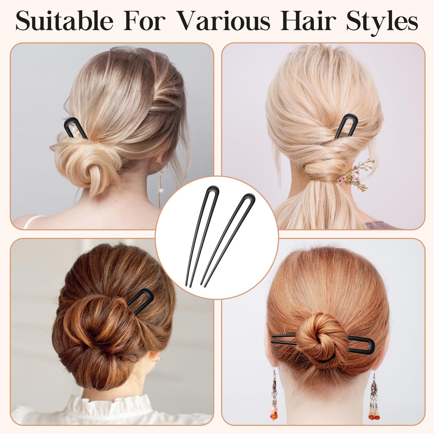 Cpoxiti 2PCS French Hair Pins for Women, U-Shaped Metal Hair Pins for Long and Thick Hair, 5.9 Inch Extended French Pins Hair Forks for Various Hair Styles (Black)
